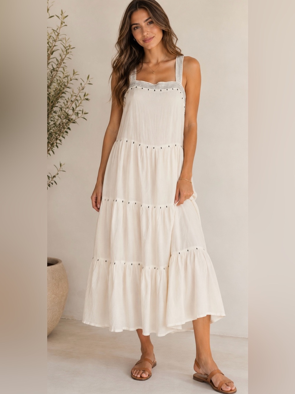 Old Navy Cream Tiered Maxi Dress with Black Stitching,Sz M